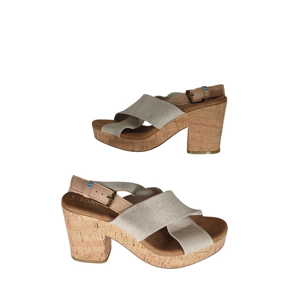 TOMS Monica Platform Sandals 7.5 Beige Canvas Cork Heel Boho Summer Chic